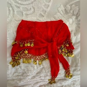 Belly Dance Hip Scarf: Red Polyester with Golden Coins & Beads